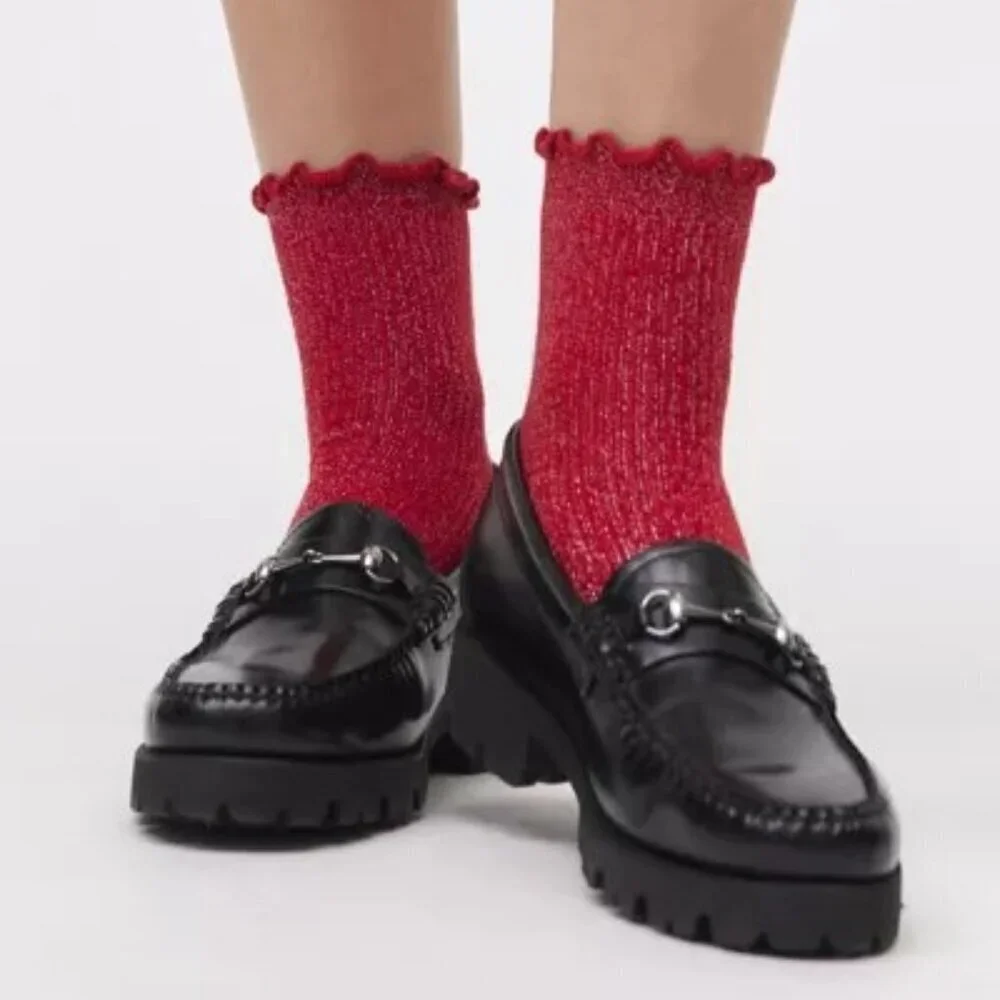 NWT Urban Outfitters Lurex Shimmer Red Ruffle Socks